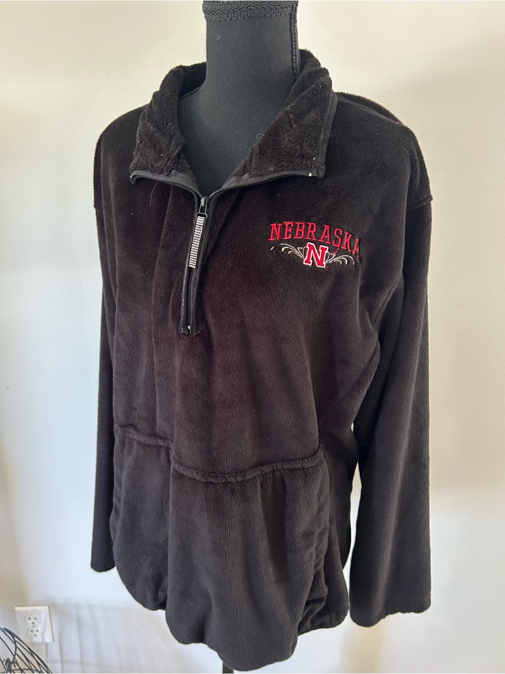 J. America Black Plush Fleece Nebraska 1/4 Zip